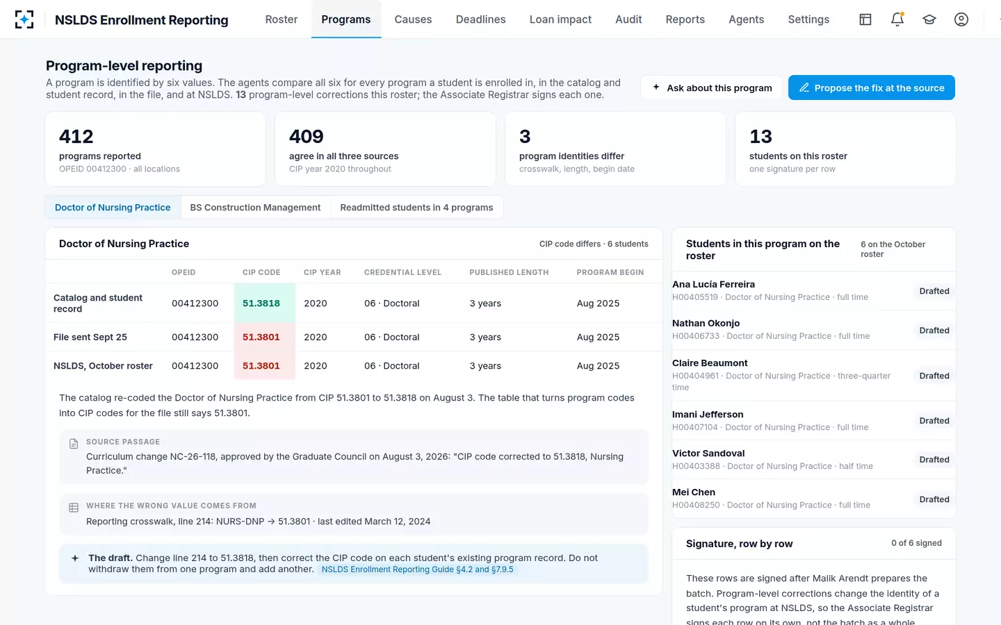 NSLDS Enrollment Reporting — Program-level enrollment reporting: six identifiers compared for every program