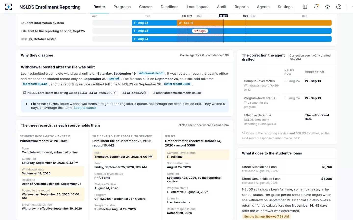 NSLDS Enrollment Reporting — The three records side by side, each line cited