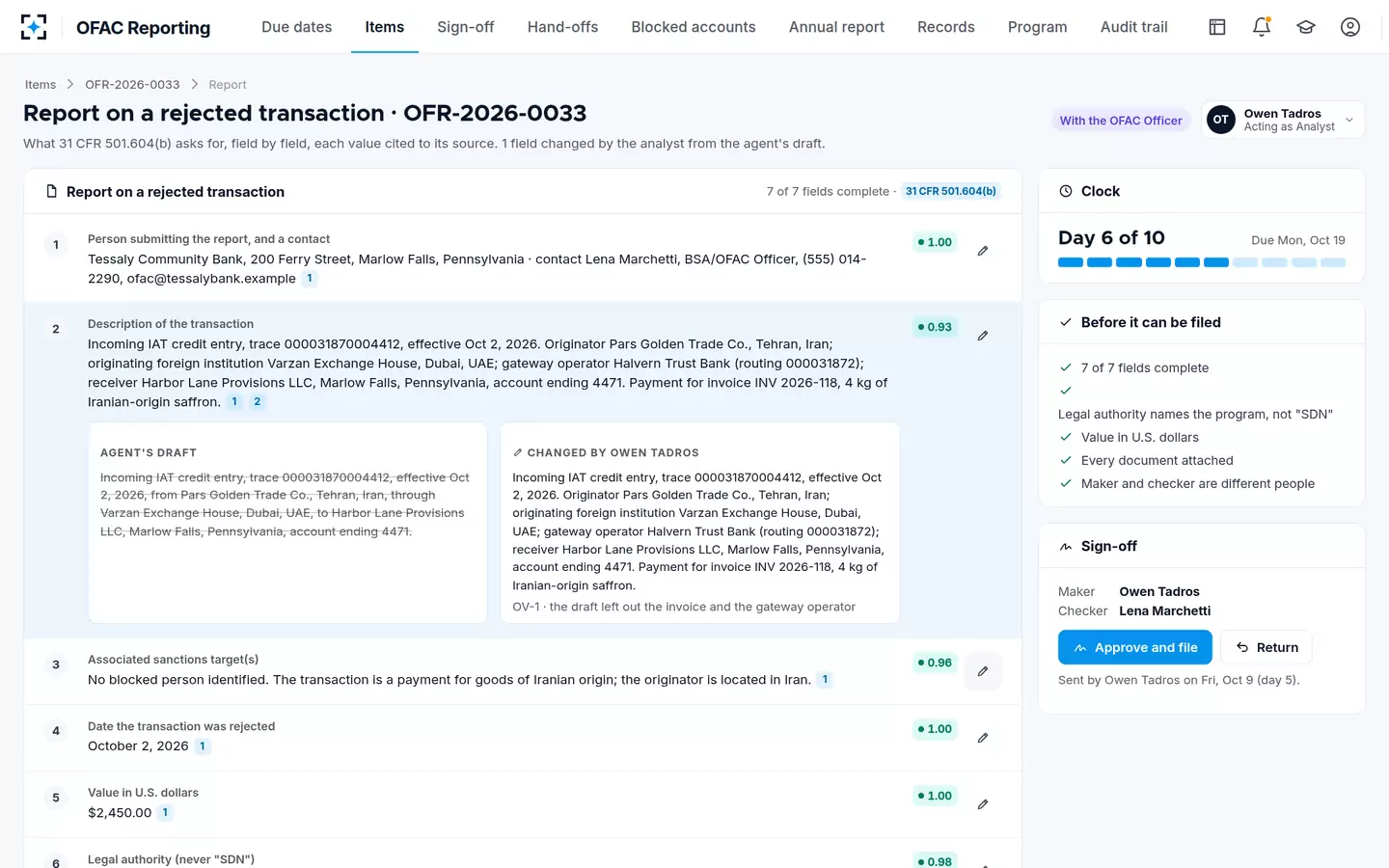 OFAC Reporting — The OFAC rejected transaction report, each value cited