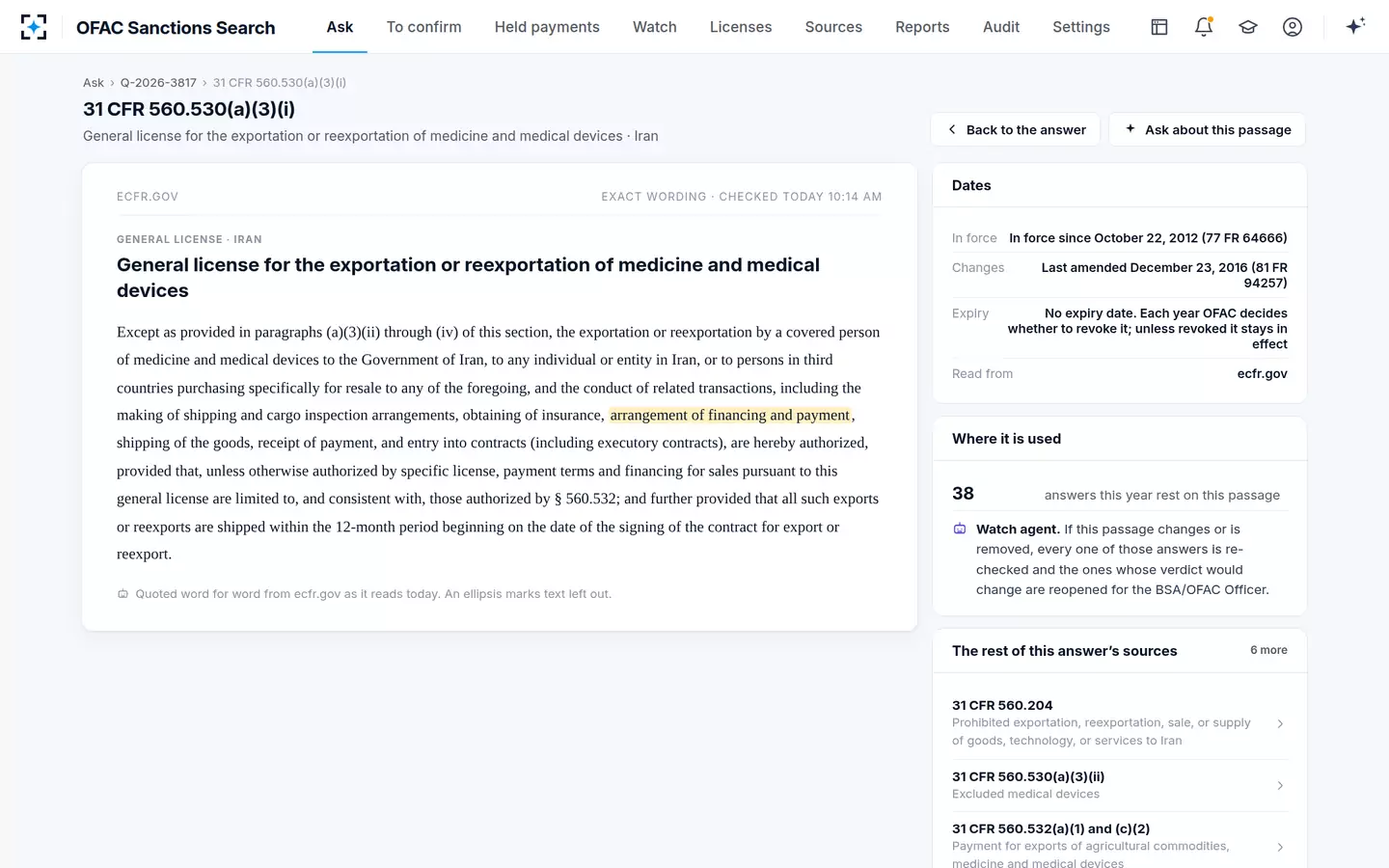 OFAC Sanctions Search — Every citation opens the source passage, word for word, with its dates