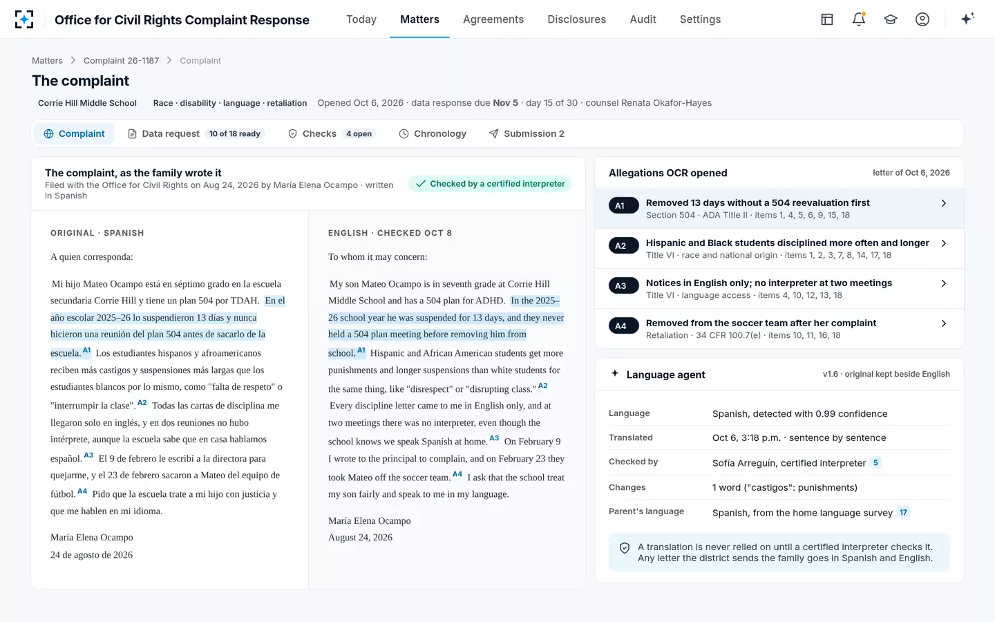 Office for Civil Rights Complaint Response — The complaint in Spanish, beside its English translation