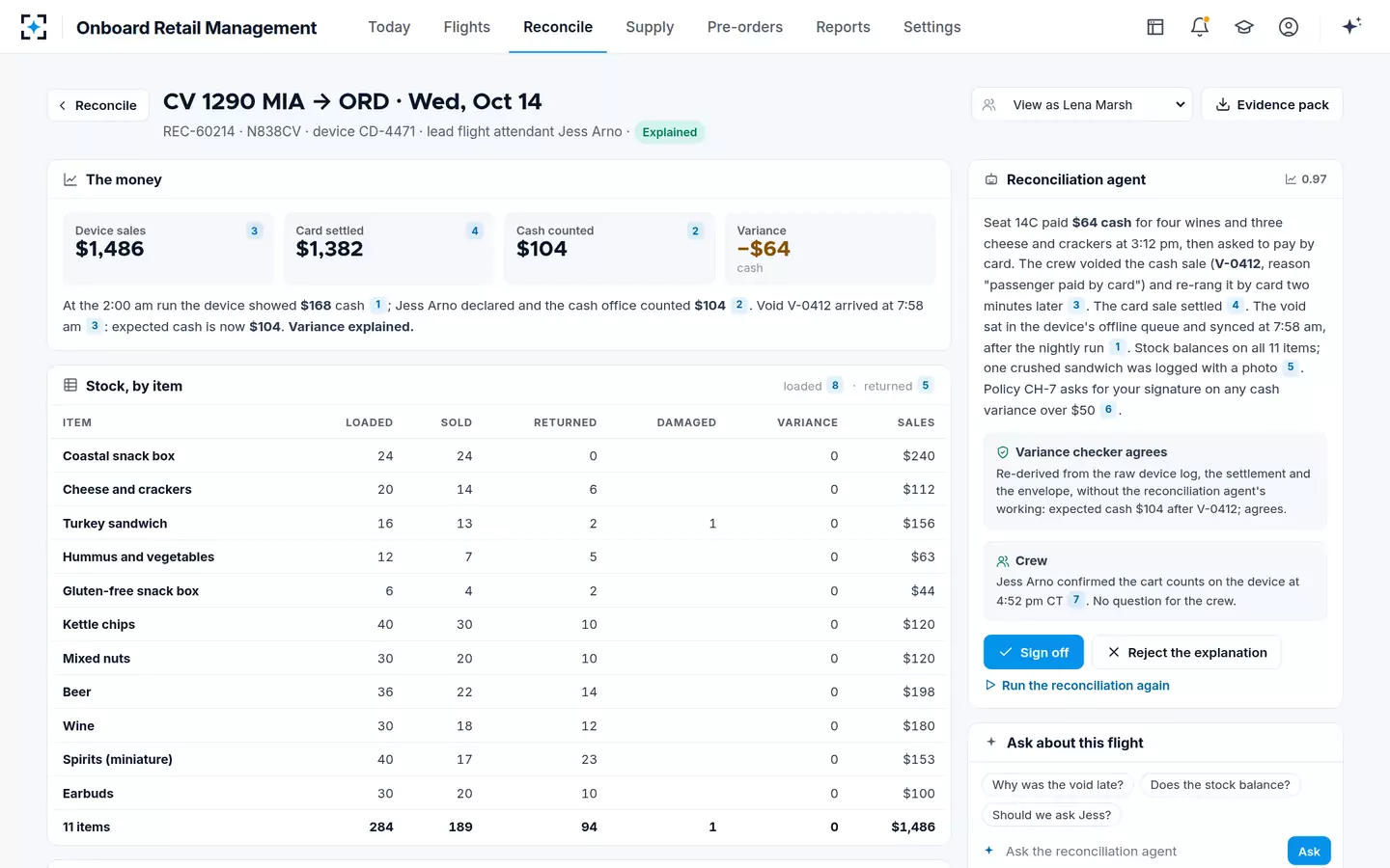 Onboard Retail Management — Onboard sales reconciliation for one flight