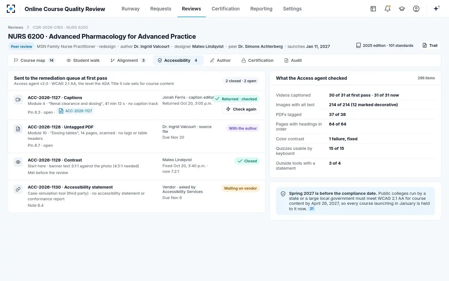 Online Course Quality Review — Accessibility handed to remediation on day one