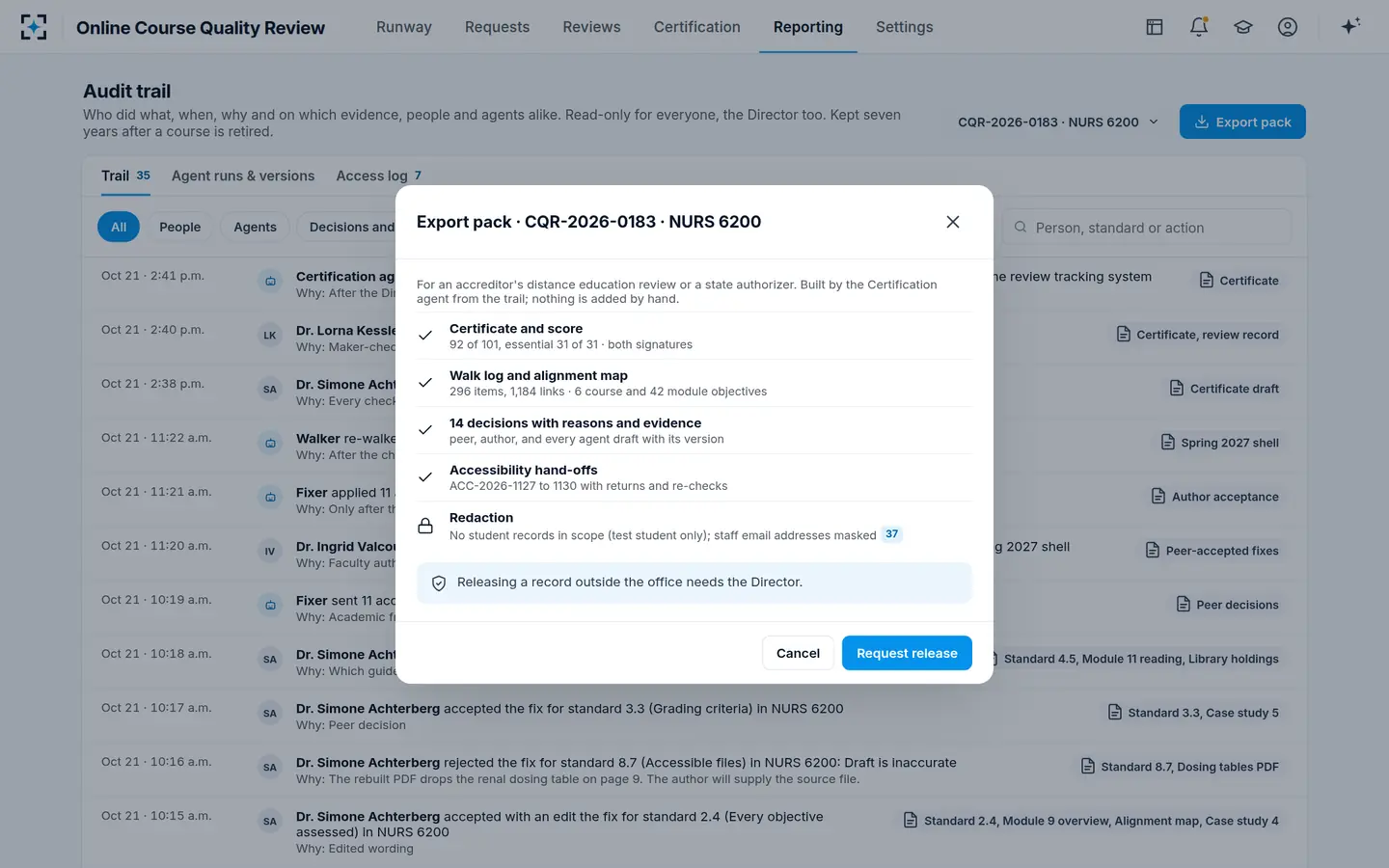 Online Course Quality Review — The audit trail and the export pack for accreditors
