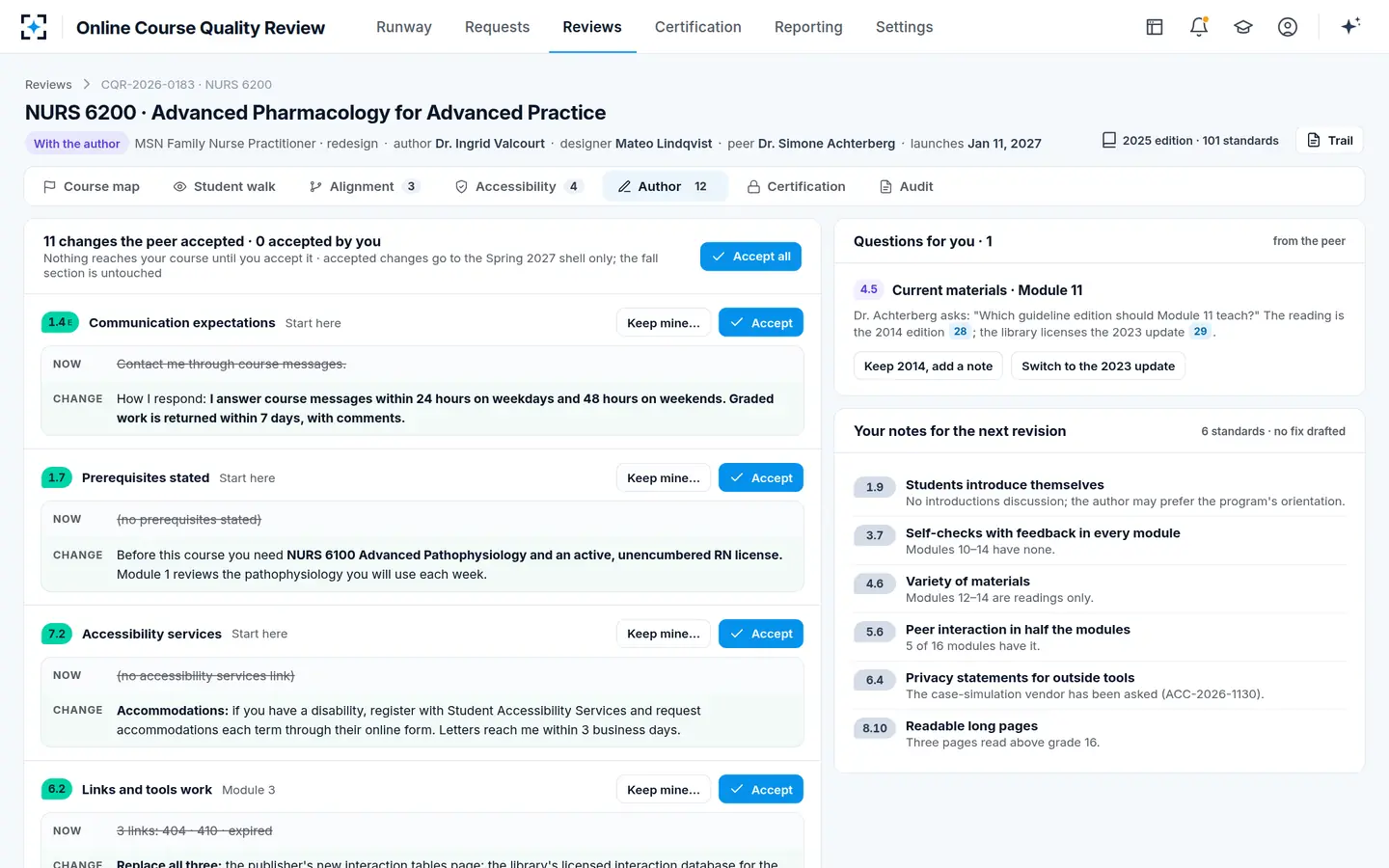 Online Course Quality Review — The faculty author accepts each change