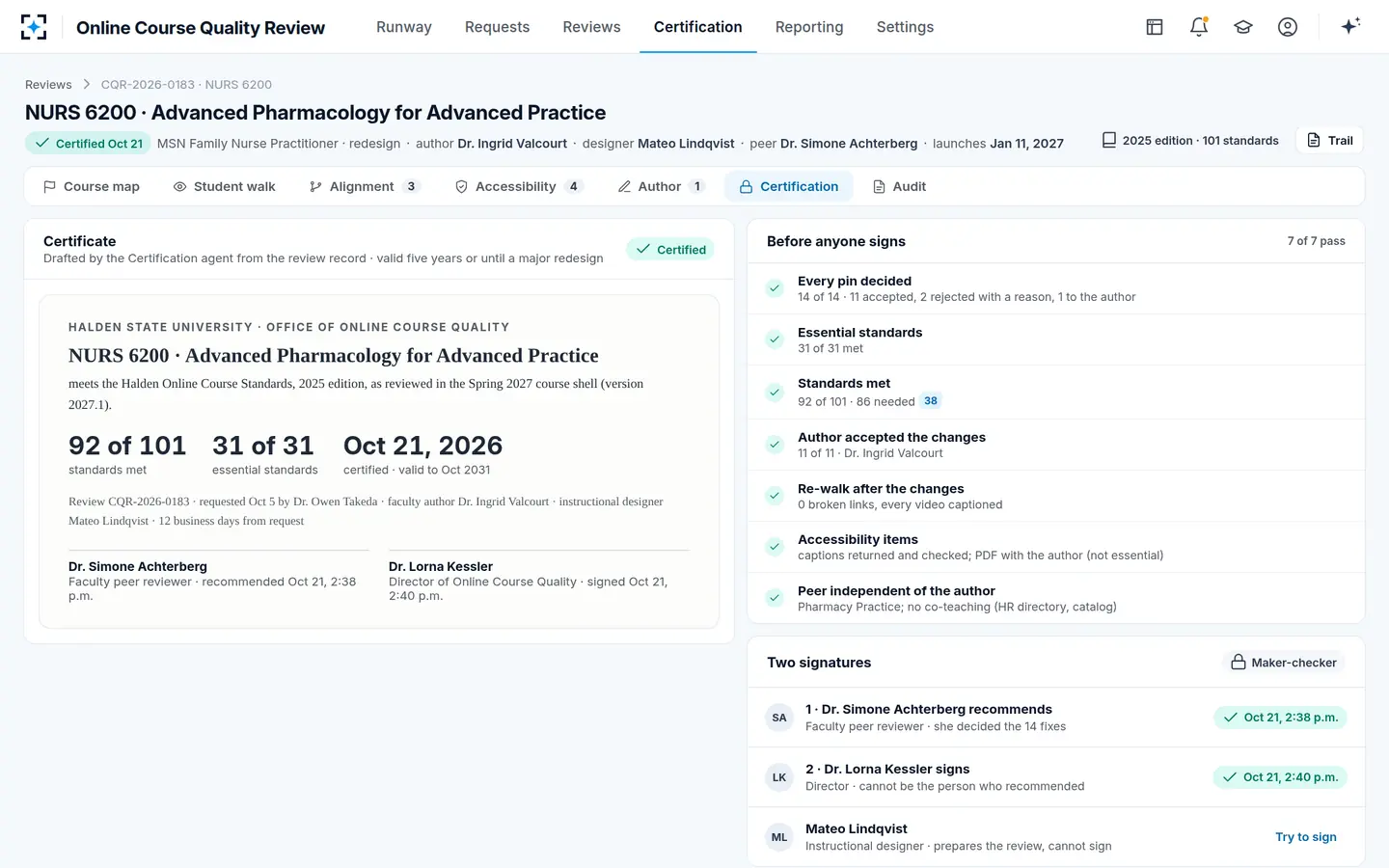 Online Course Quality Review — Certified with two signatures