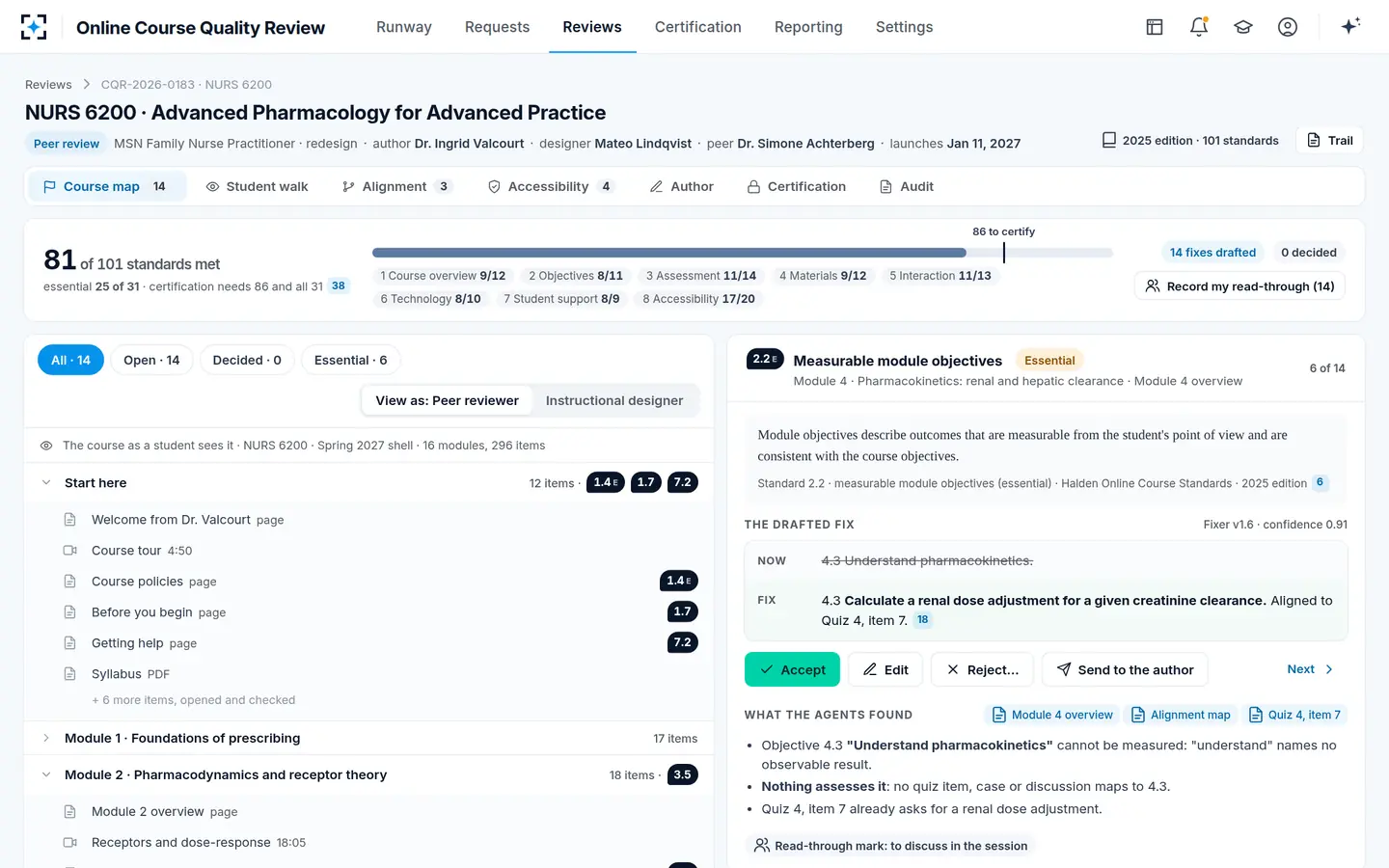 Online Course Quality Review — Online course quality review on the course map, a pin on every failing standard