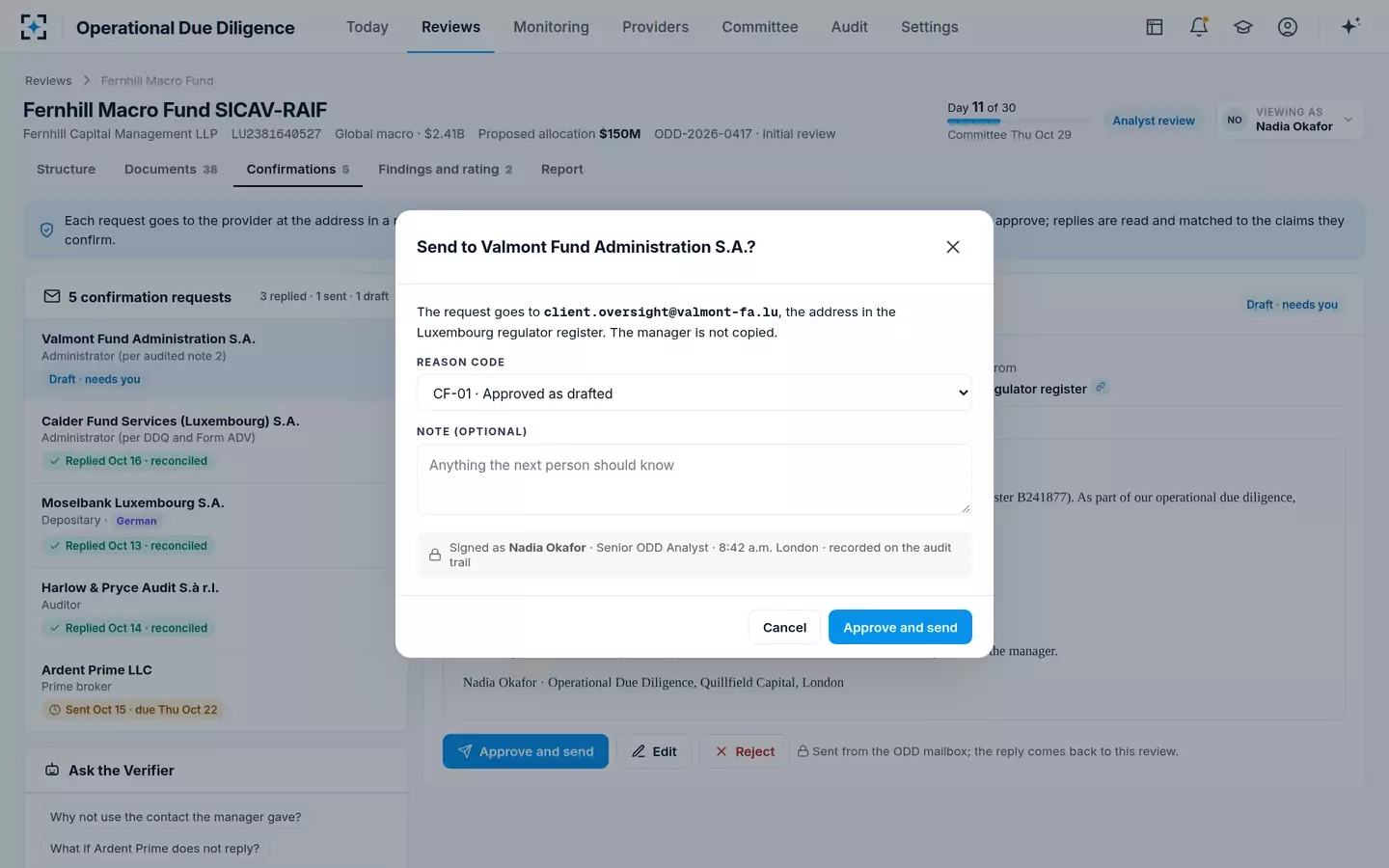 Operational Due Diligence — Approve a confirmation