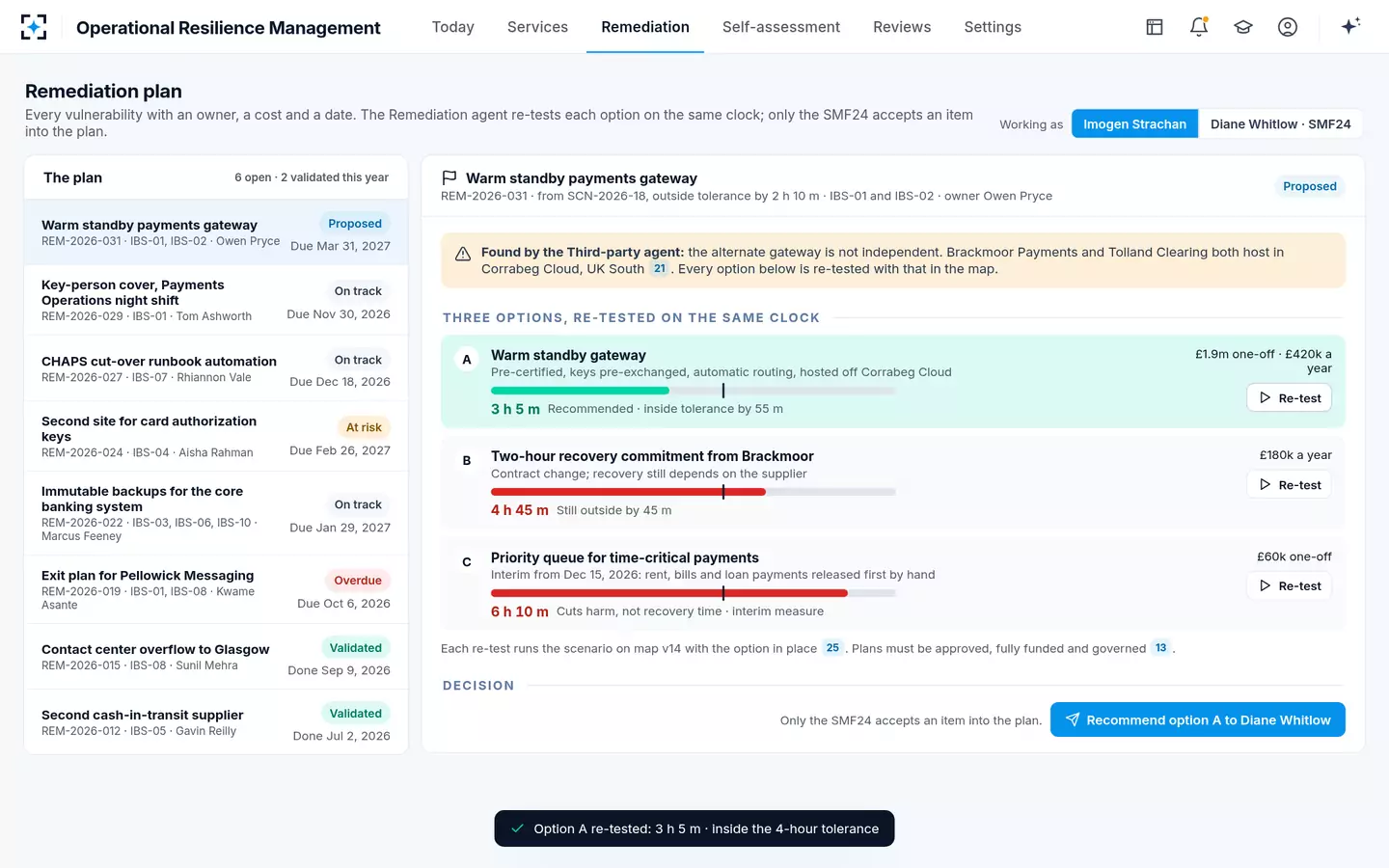 Operational Resilience Management — Remediation options re-tested on the same clock
