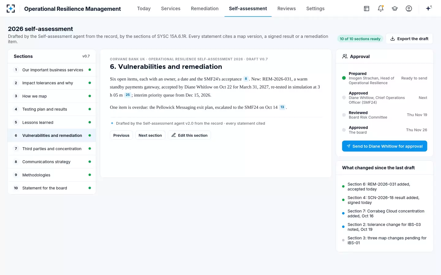 Operational Resilience Management — The operational resilience self-assessment, drafted for the board, every line cited
