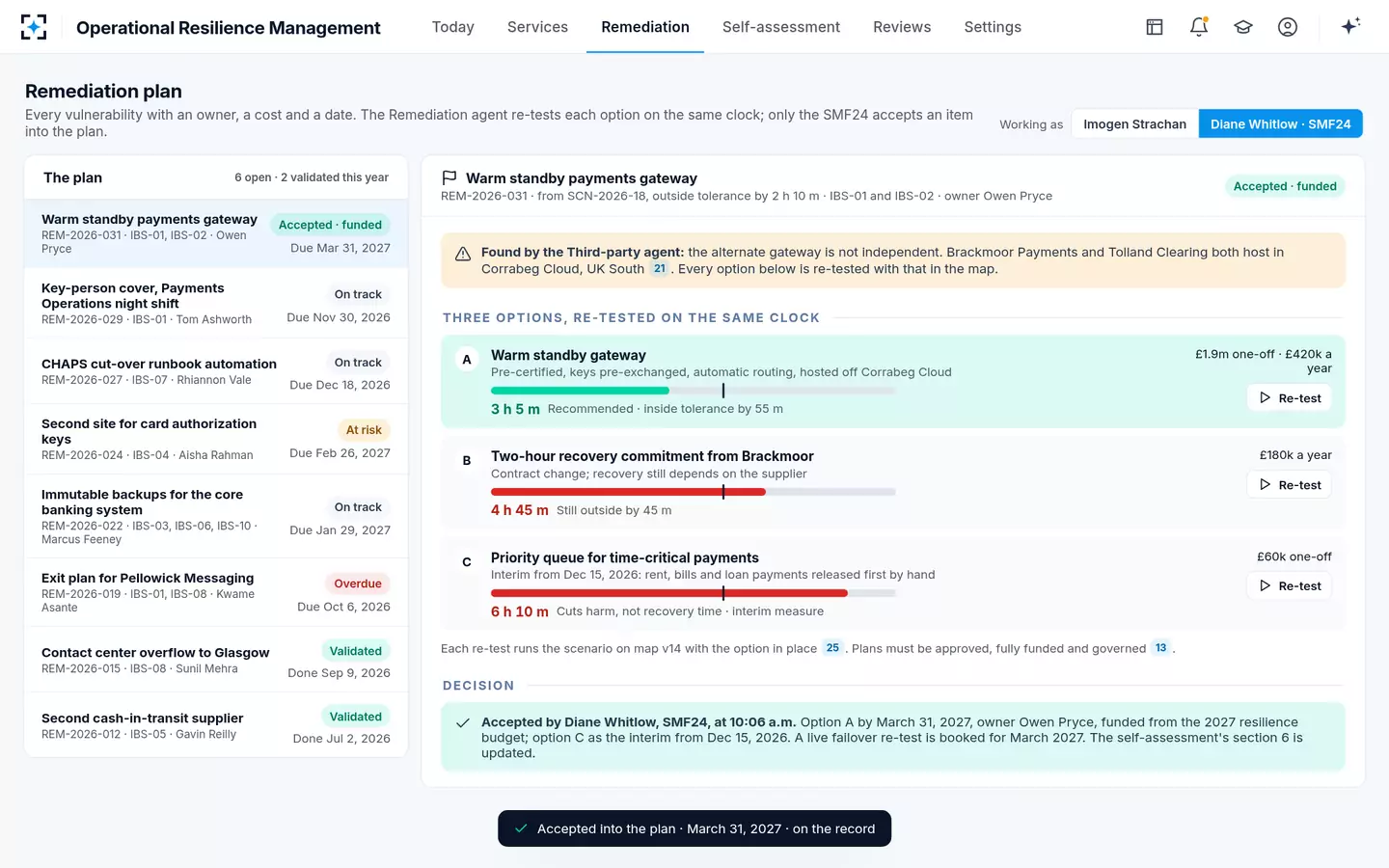 Operational Resilience Management — The SMF24 accepts the fix into the remediation plan