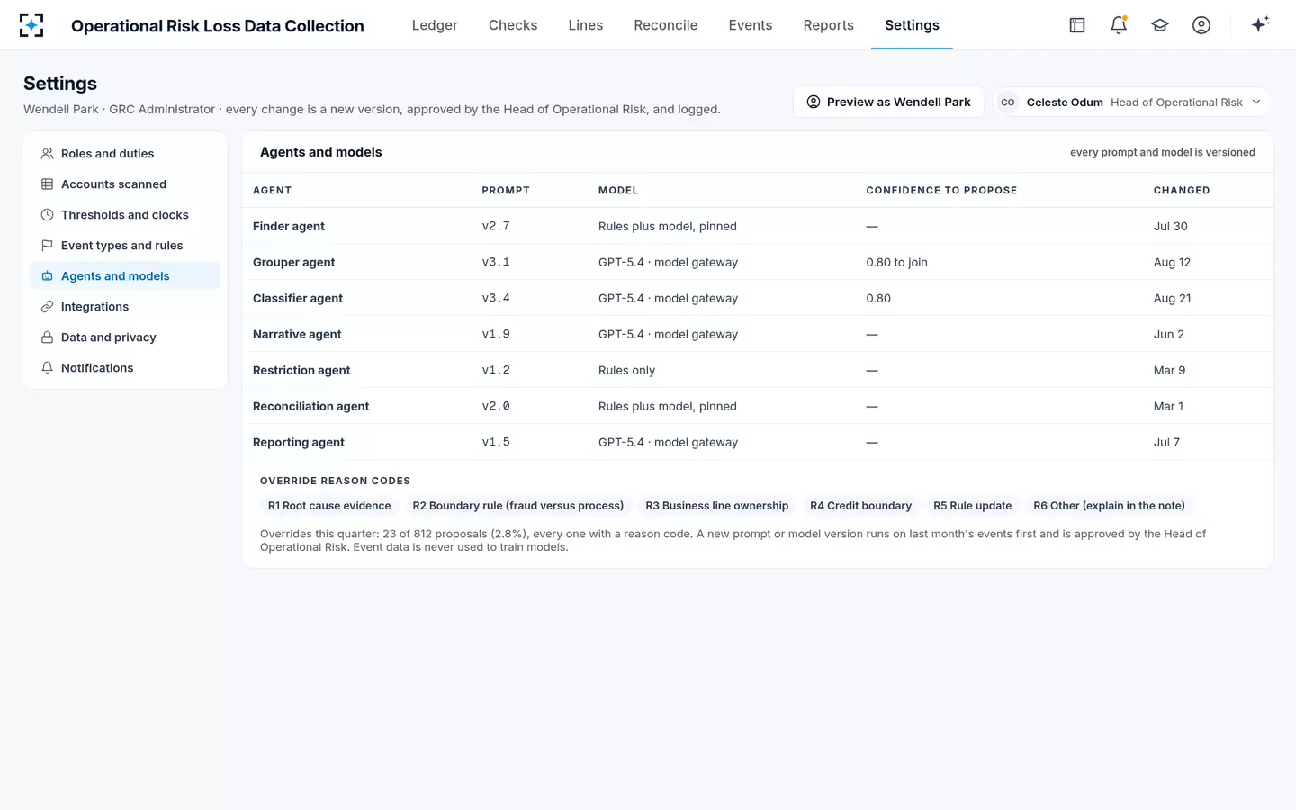Operational Risk Loss Data Collection — Agents, models and versions under governance