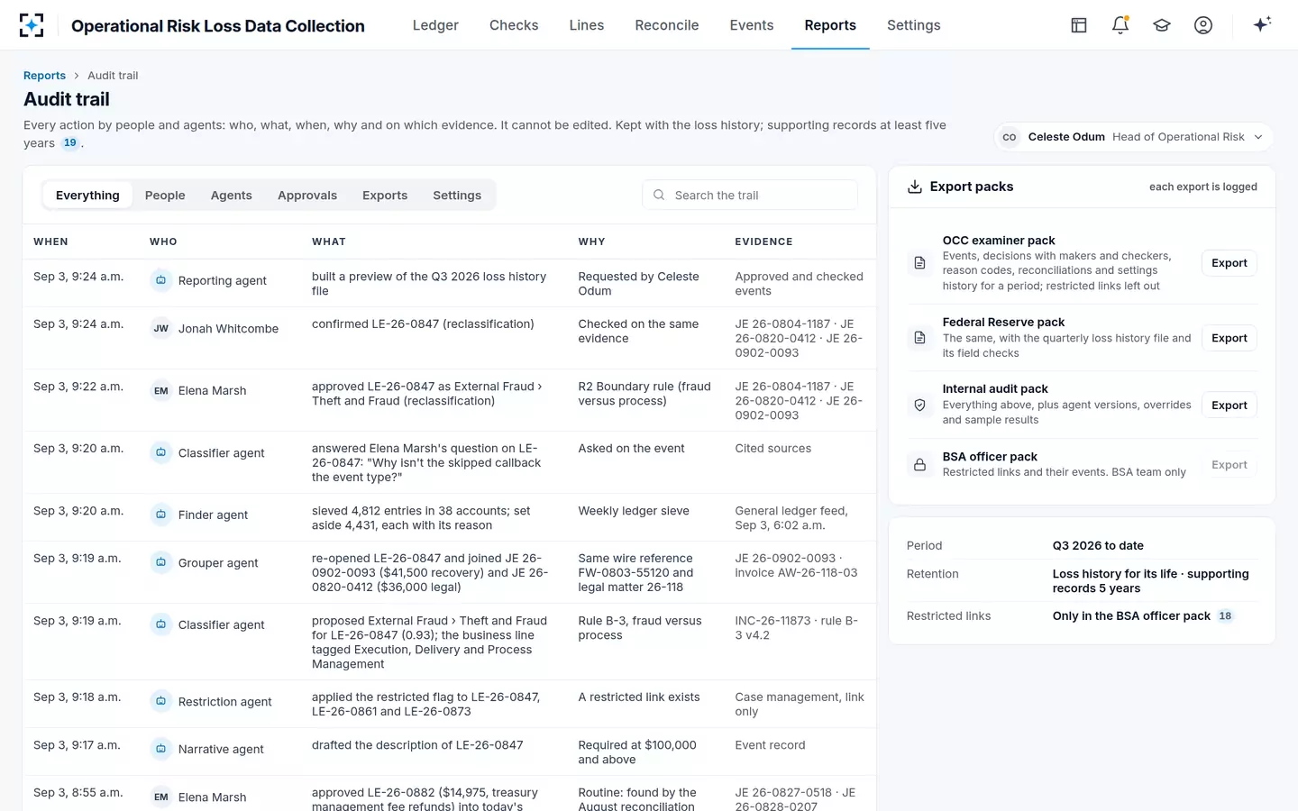 Operational Risk Loss Data Collection — Audit trail and examiner export packs