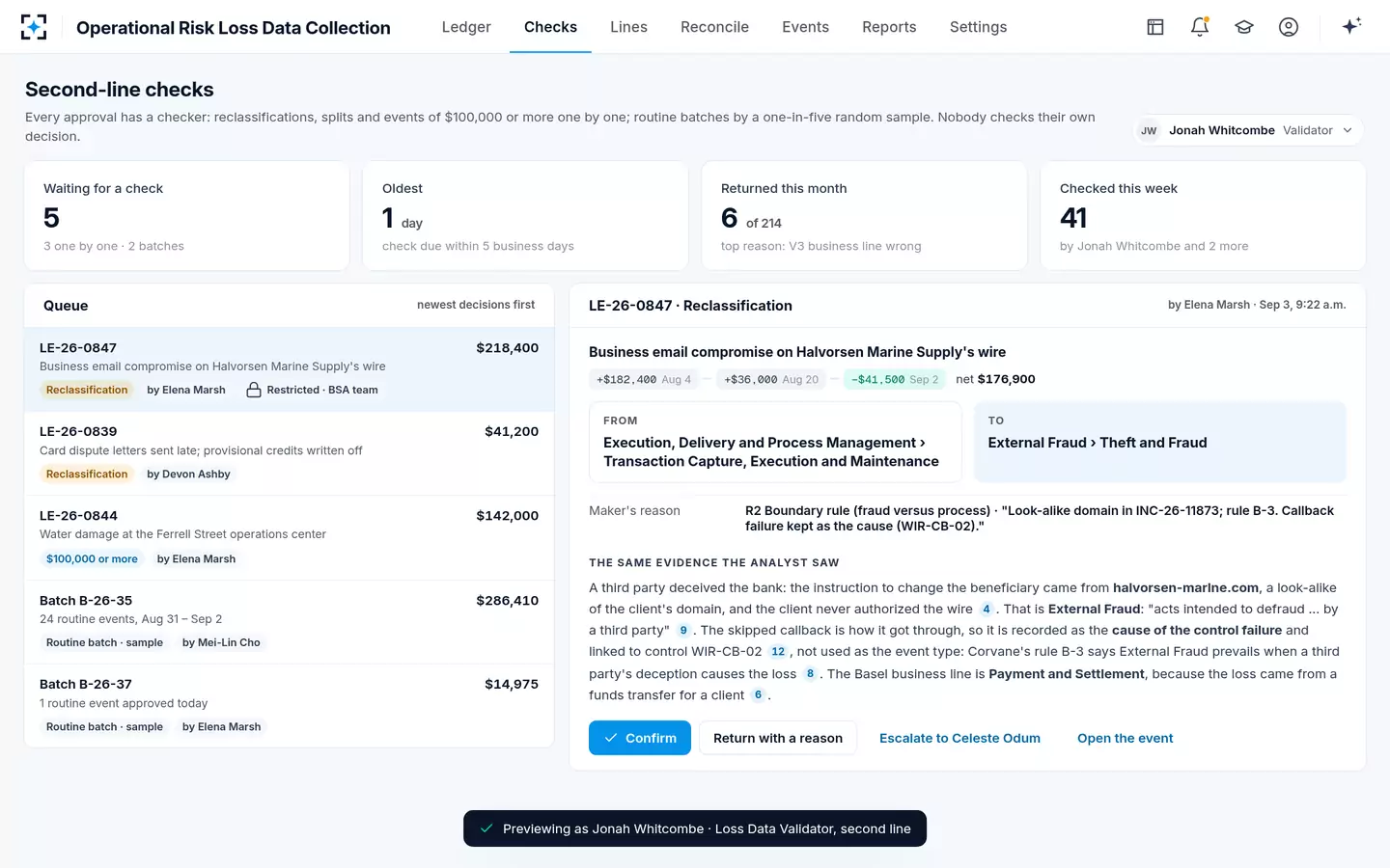 Operational Risk Loss Data Collection — The second-line validator checks on the same evidence