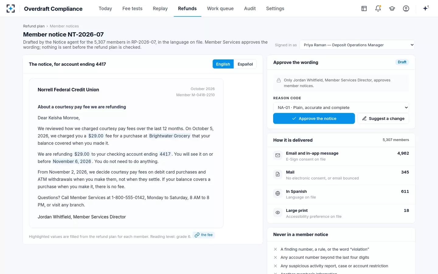 Overdraft Compliance — The member notice