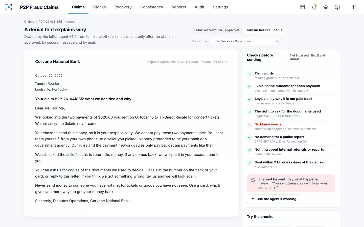 P2P Fraud Claims — A denial that explains why, checked before it can go