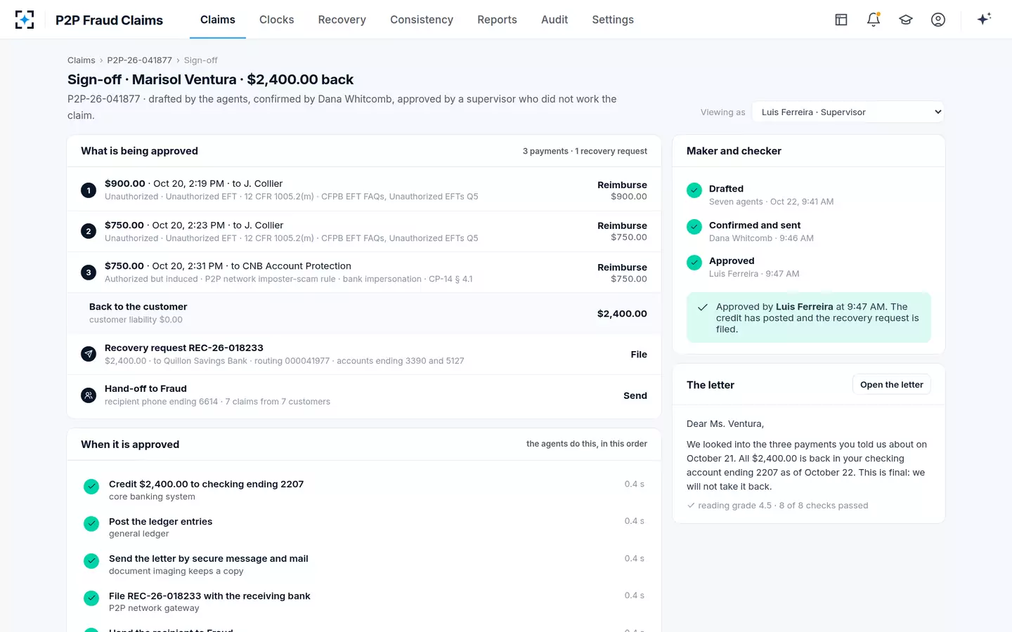 P2P Fraud Claims — Approved: credit, ledger, letter and recovery in one move