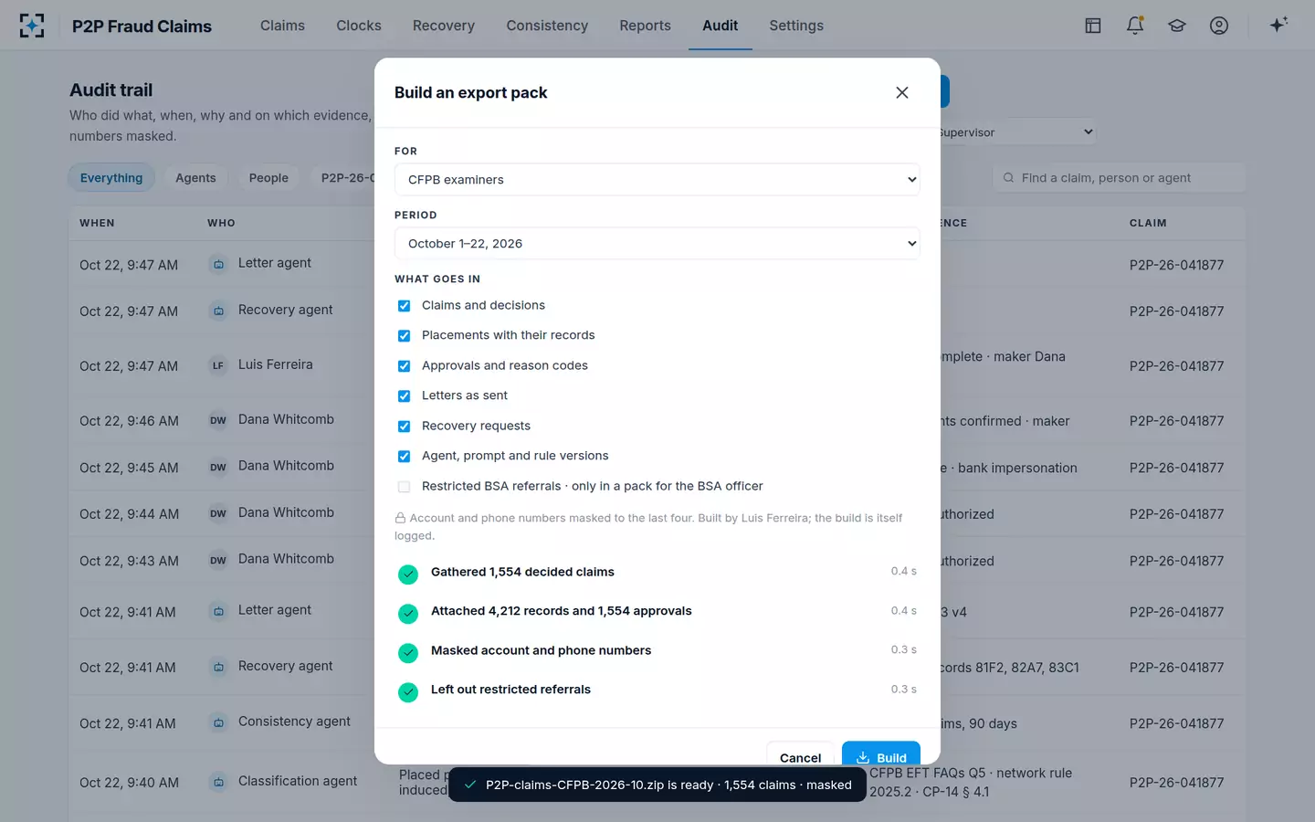 P2P Fraud Claims — An audit trail and an export pack for examiners