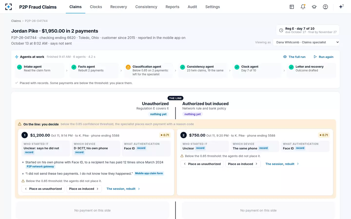 P2P Fraud Claims — Below the confidence threshold, the specialist decides
