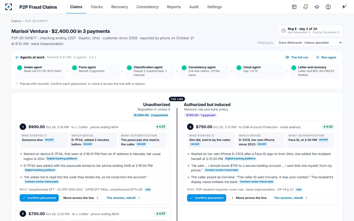 P2P Fraud Claims — Each payment on its side of one dividing line