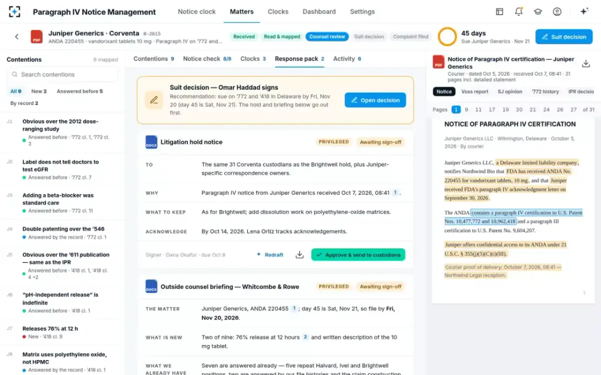 Paragraph IV Notice Management — The response pack