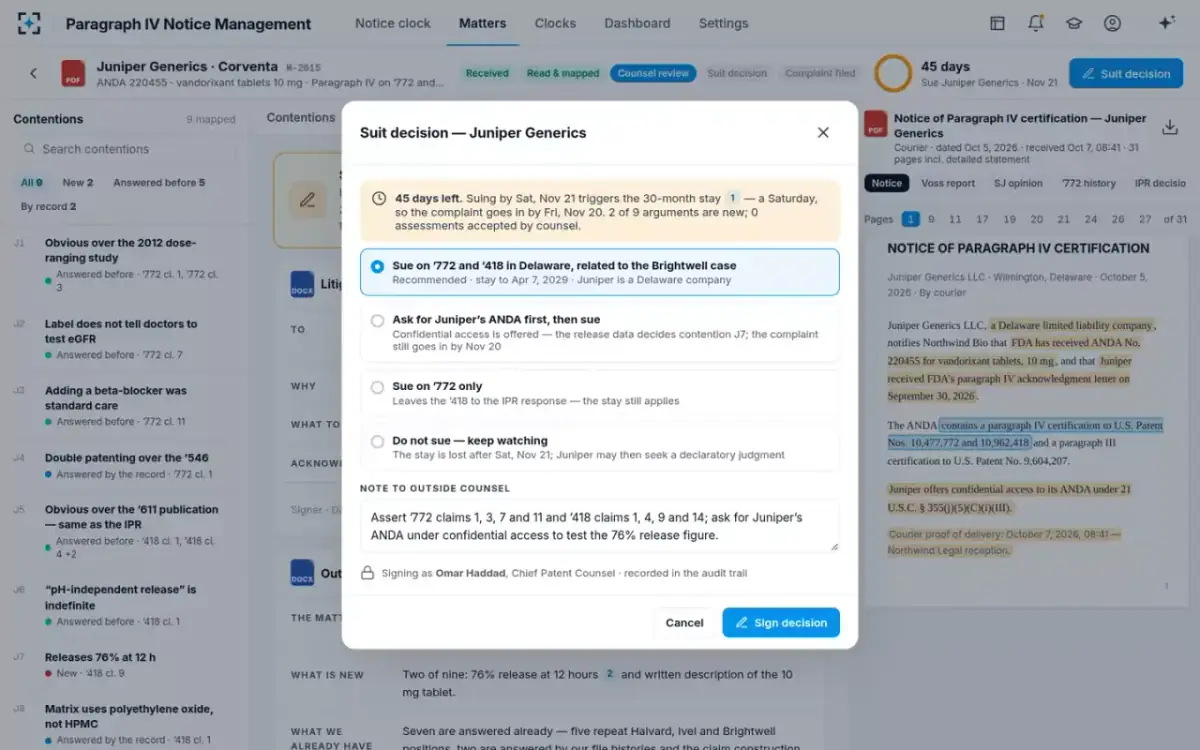 Paragraph IV Notice Management — The suit decision