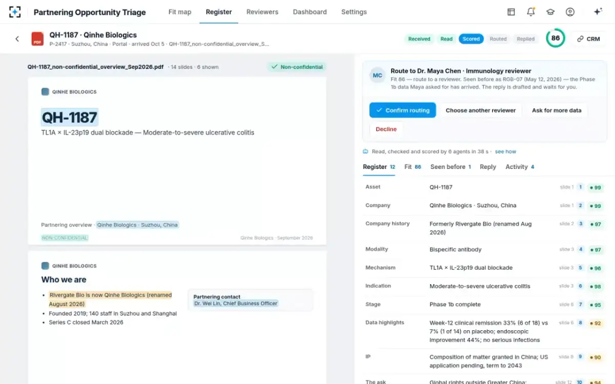 Partnering Opportunity Triage — One pitch, every field cited
