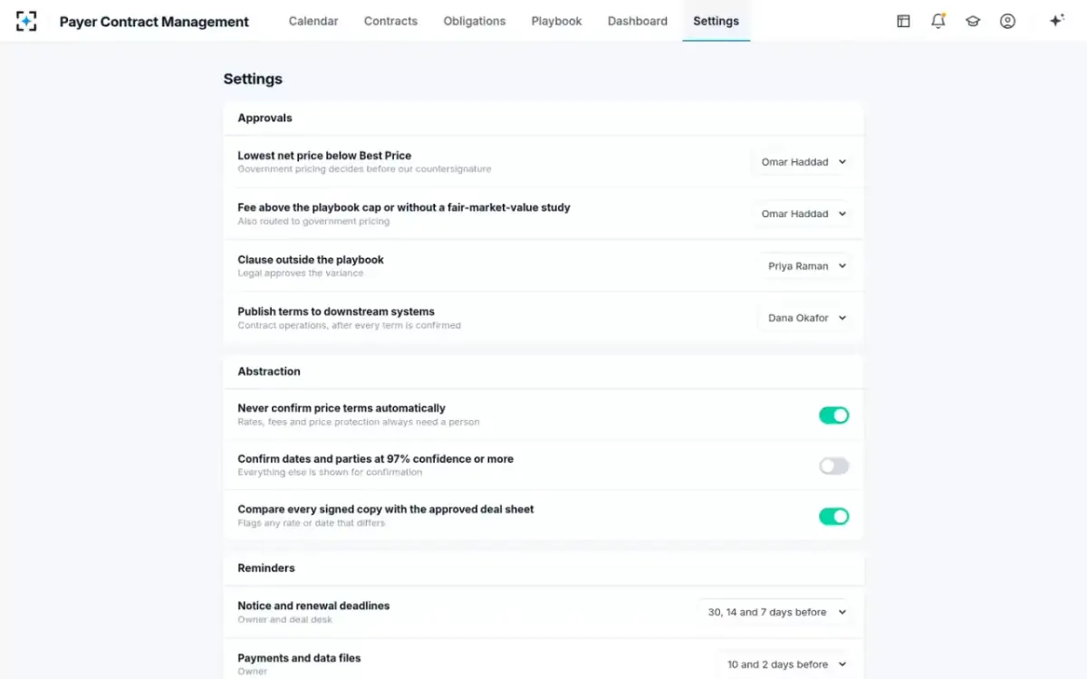 Payer Contract Management — Settings
