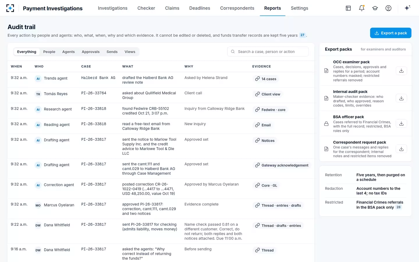 Payment Investigations — Audit trail and export packs