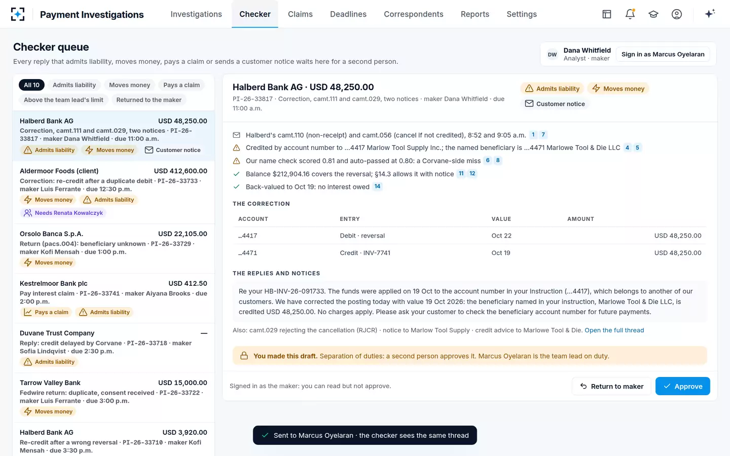 Payment Investigations — The checker queue
