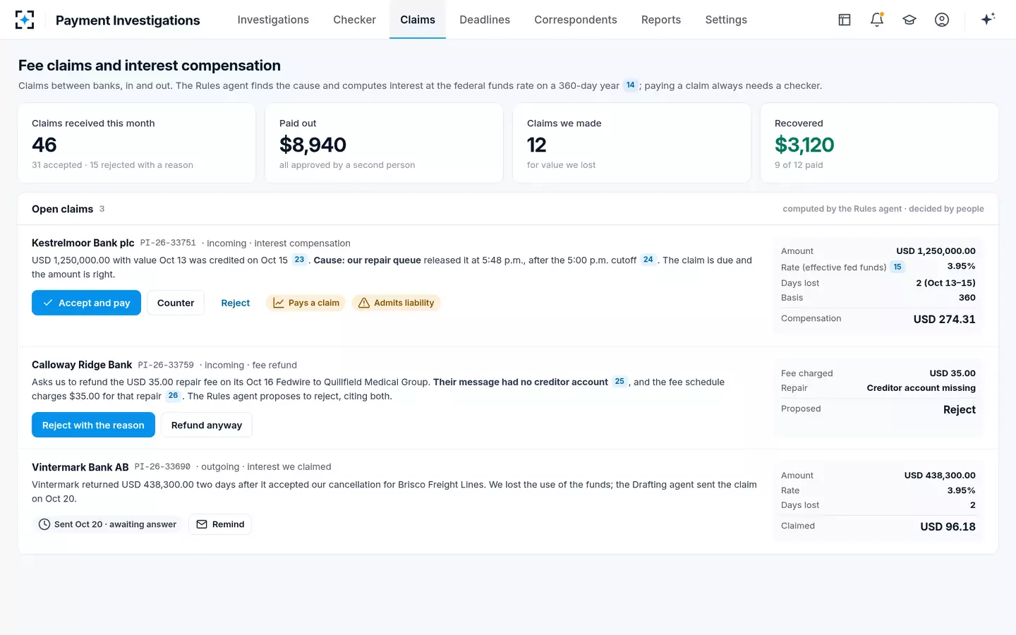 Payment Investigations — Fee and interest claims