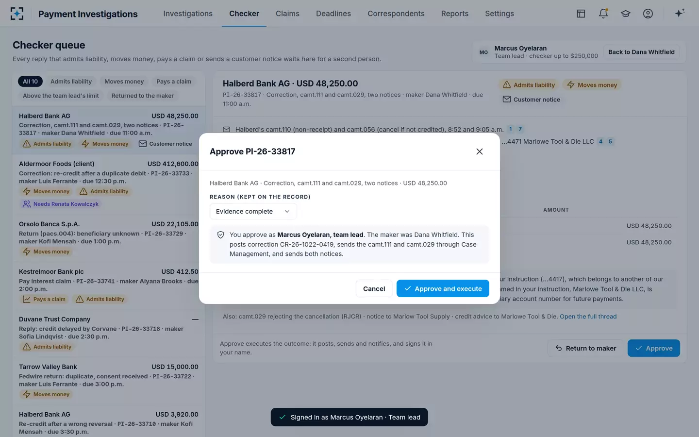 Payment Investigations — The team lead approves