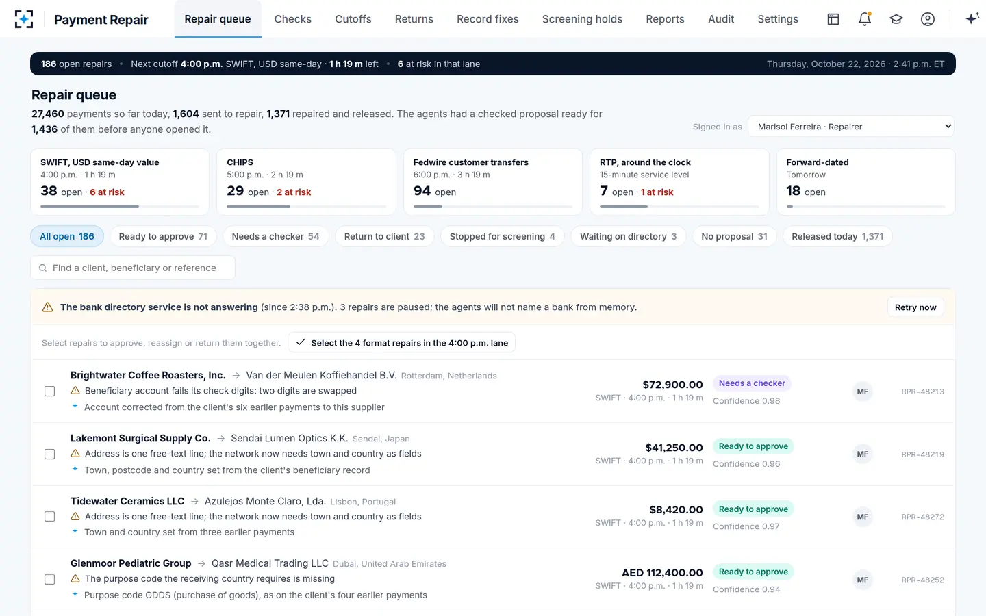 Payment Repair — A payment repair queue ordered by cutoff, with the diagnosis on every line