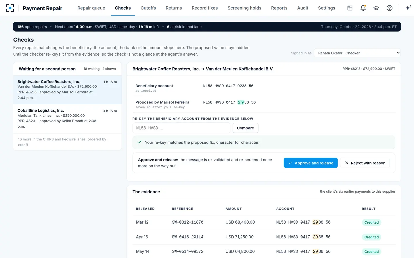 Payment Repair — Her re-key matches, character for character
