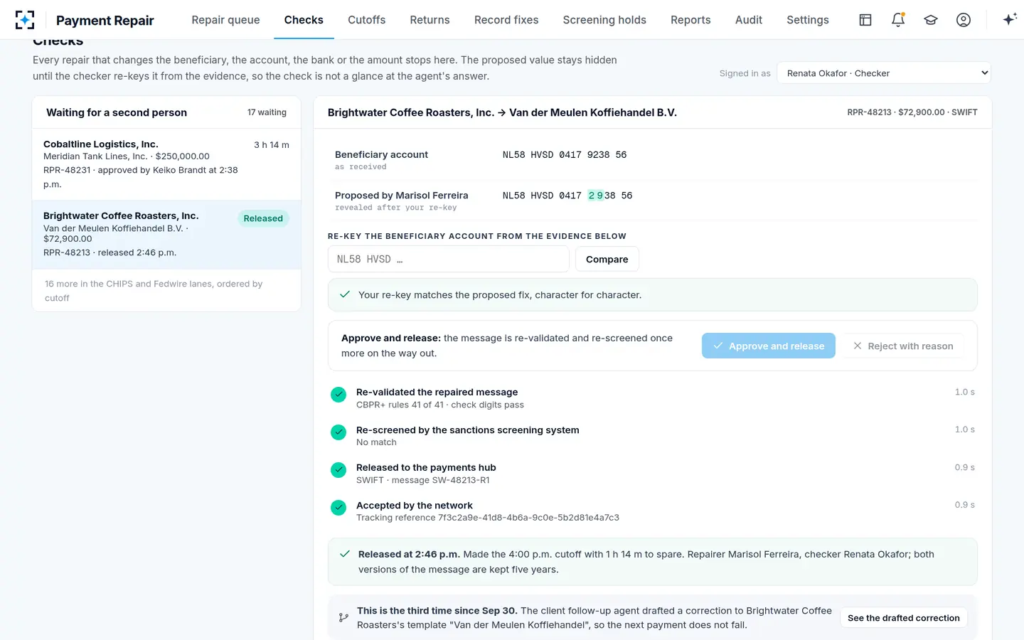 Payment Repair — Released at 2:46 p.m., 1 hour 14 minutes before the cutoff