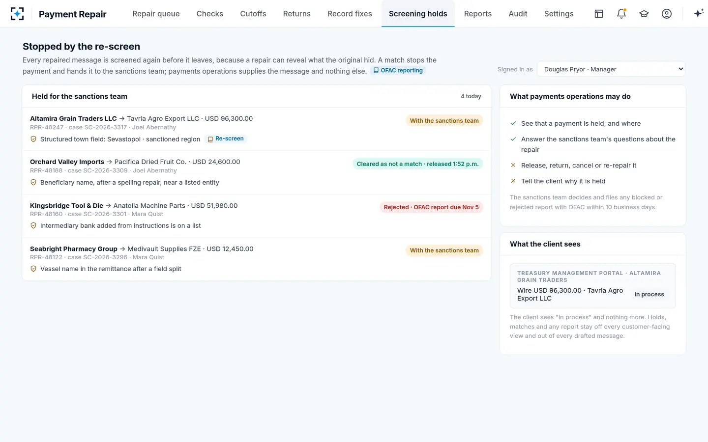 Payment Repair — Every repaired payment is screened again