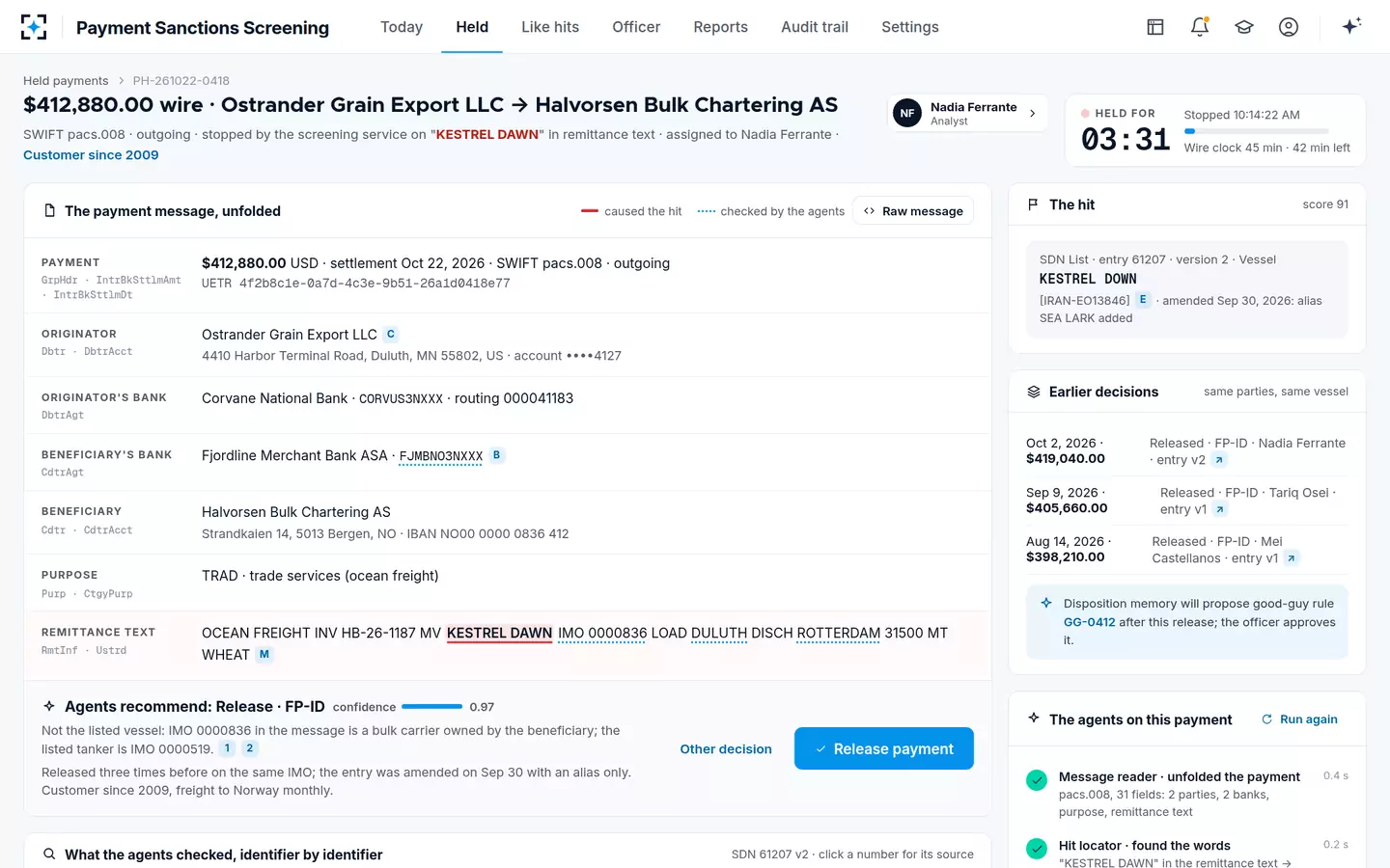 Payment Sanctions Screening — Payment sanctions screening on one screen: the held wire, unfolded
