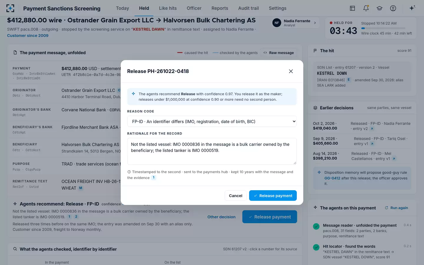 Payment Sanctions Screening — Release with a reason code and a rationale