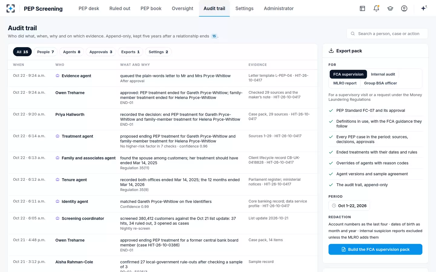 PEP Screening — Audit trail and export pack