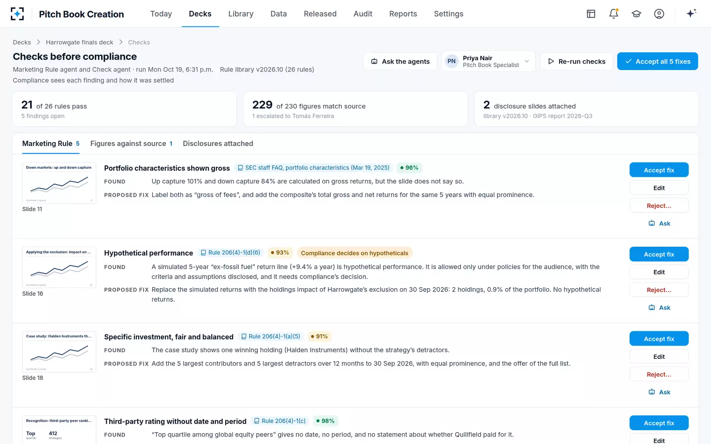 Pitch Book Creation — SEC Marketing Rule checks