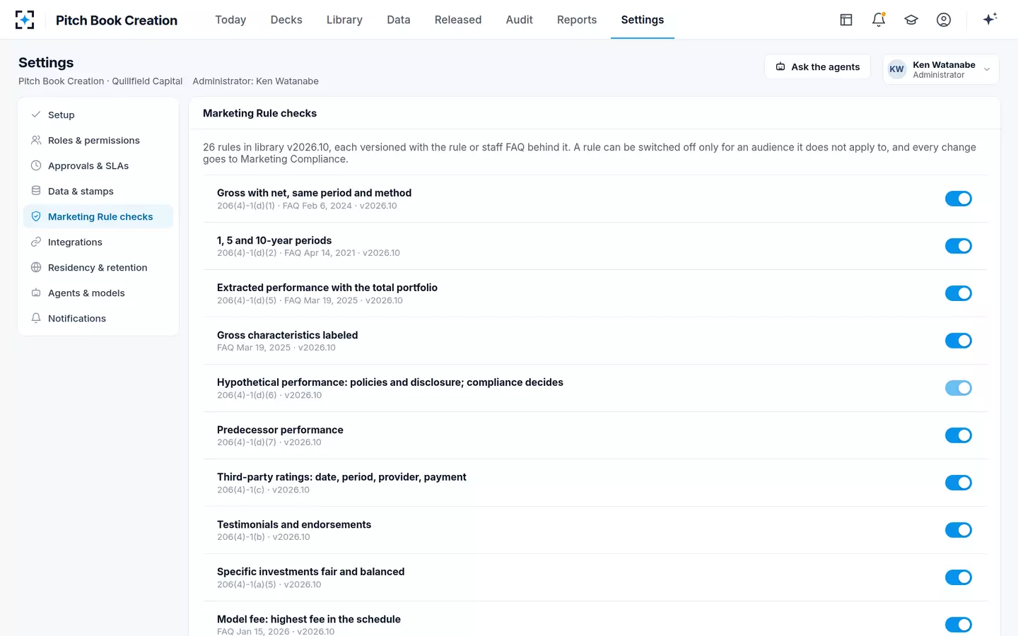 Pitch Book Creation — Marketing Rule checks in settings