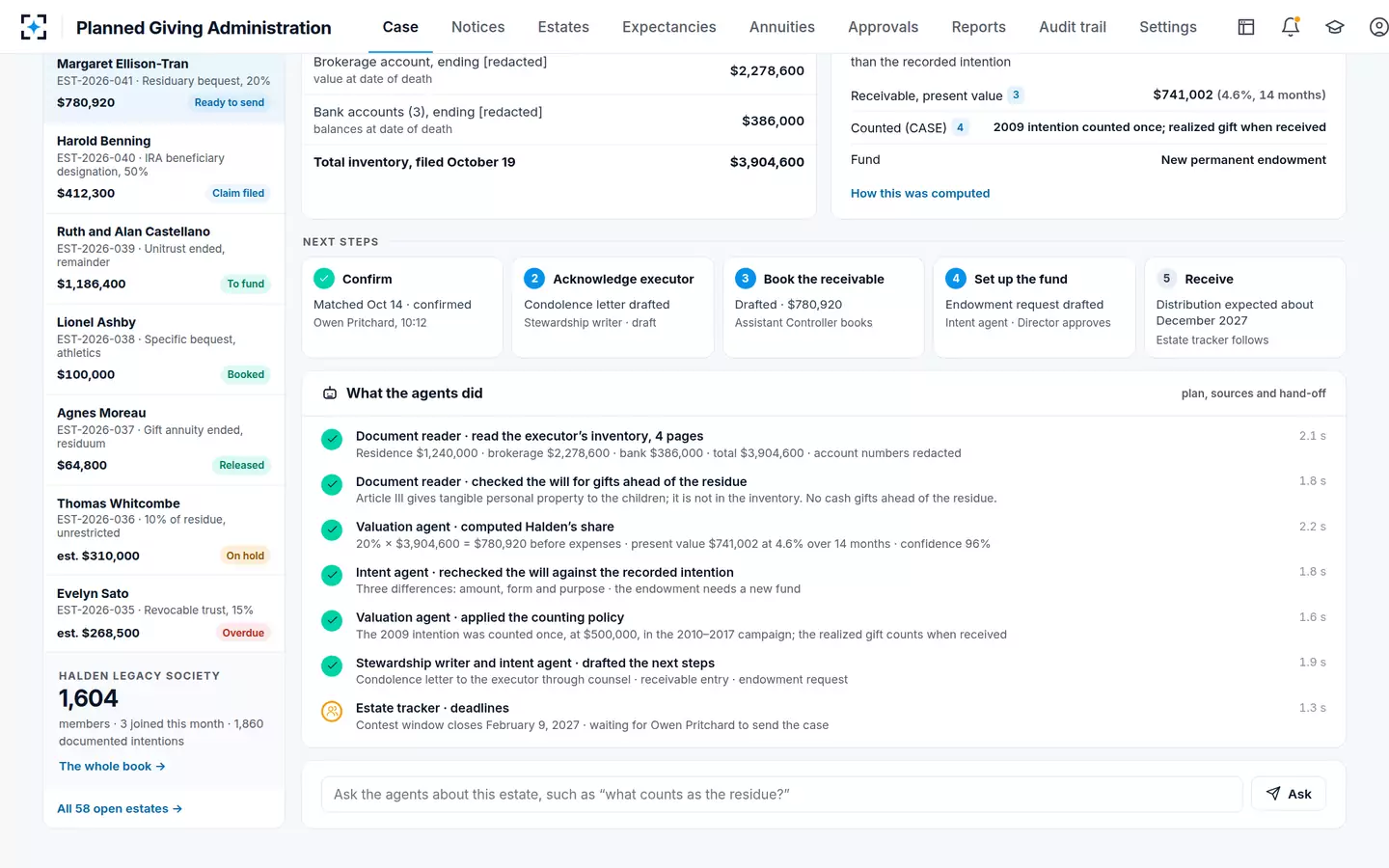 Planned Giving Administration — The agents' plan, sources and hand-off, step by step