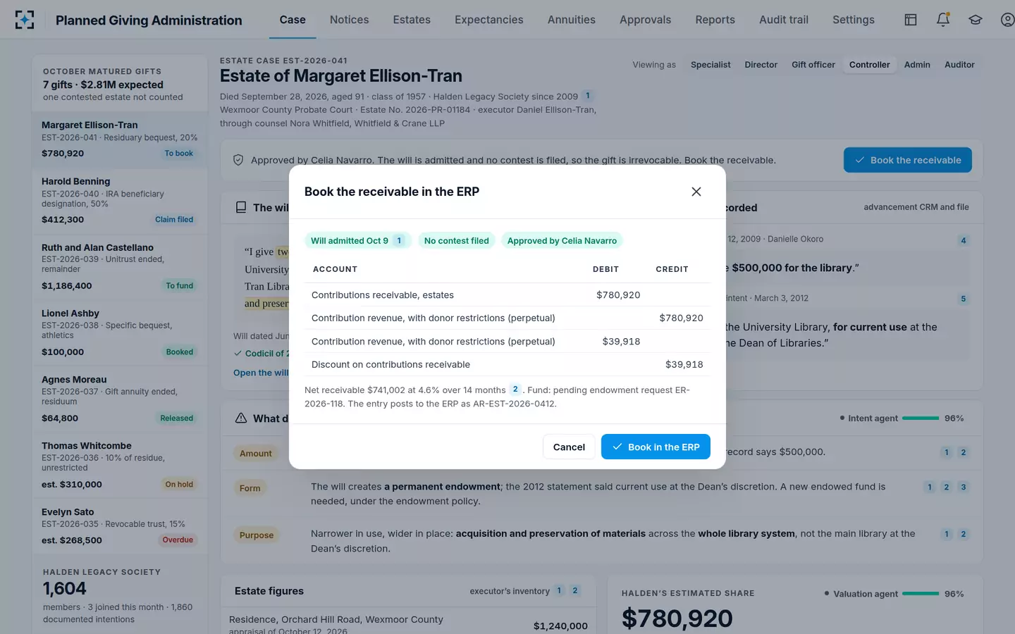 Planned Giving Administration — The estate receivable, booked only once the gift is irrevocable