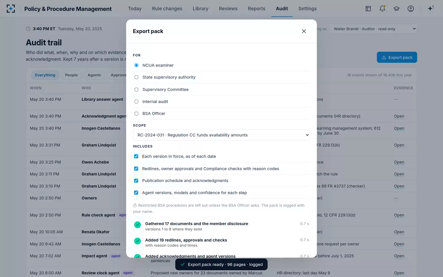 Policy & Procedure Management — The audit trail and an export pack for the examiner