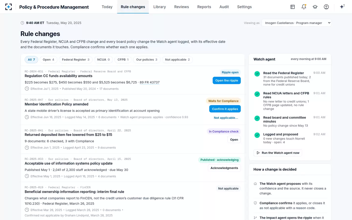 Policy & Procedure Management — Rule changes logged, each confirmed by Compliance