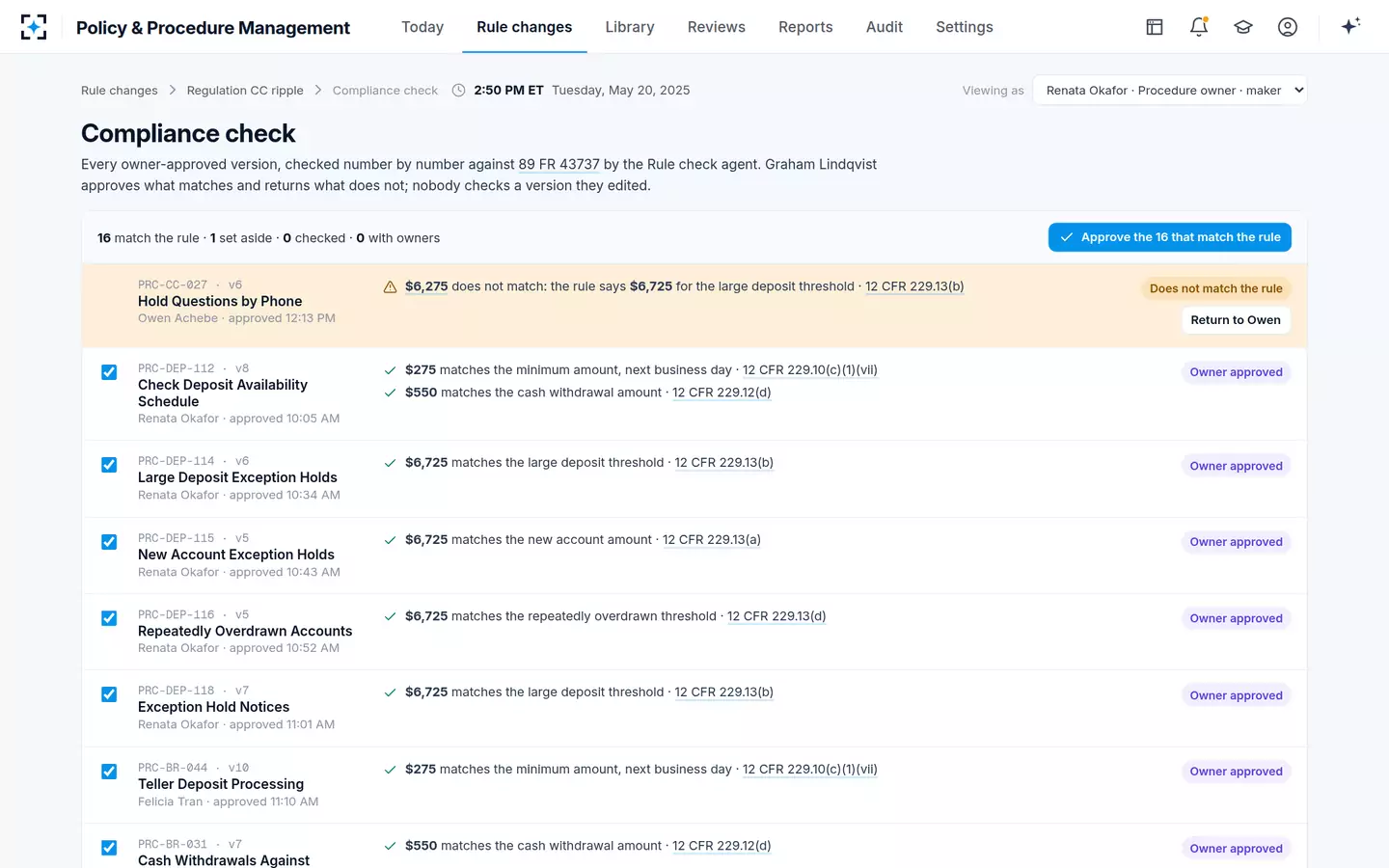 Policy & Procedure Management — Compliance checks every number against the rule