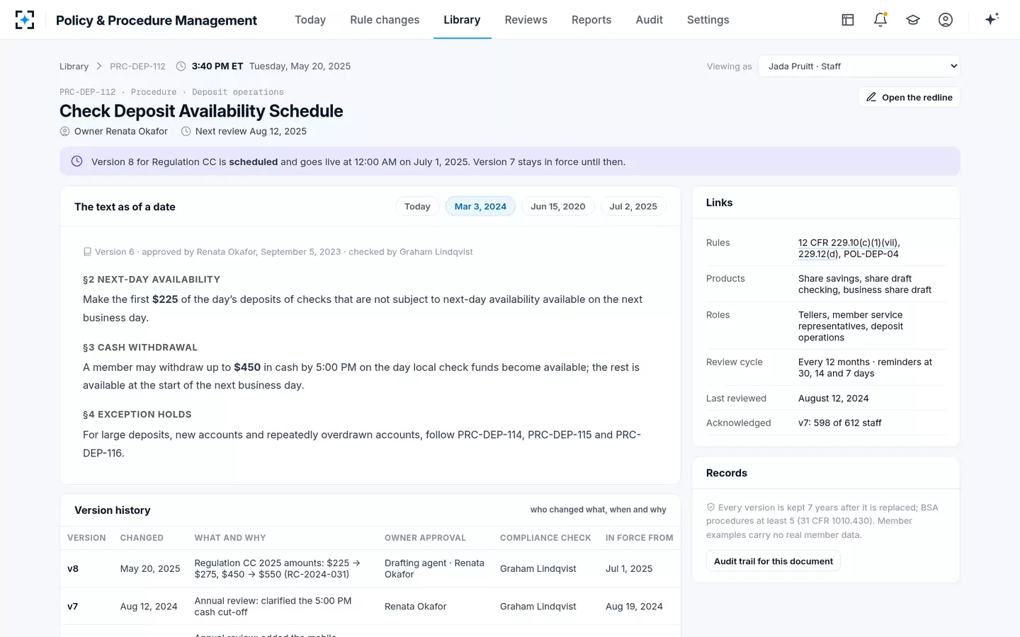 Policy & Procedure Management — Procedure version control: any procedure as it read on any date