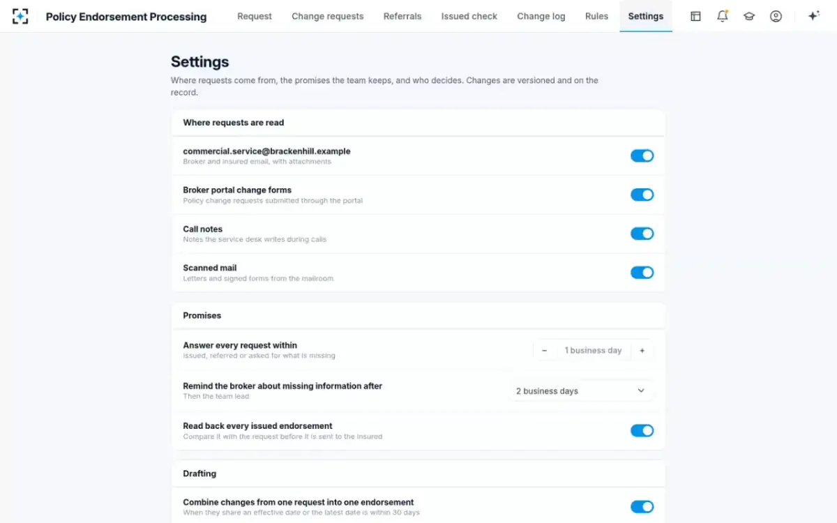 Policy Endorsement Processing — Settings