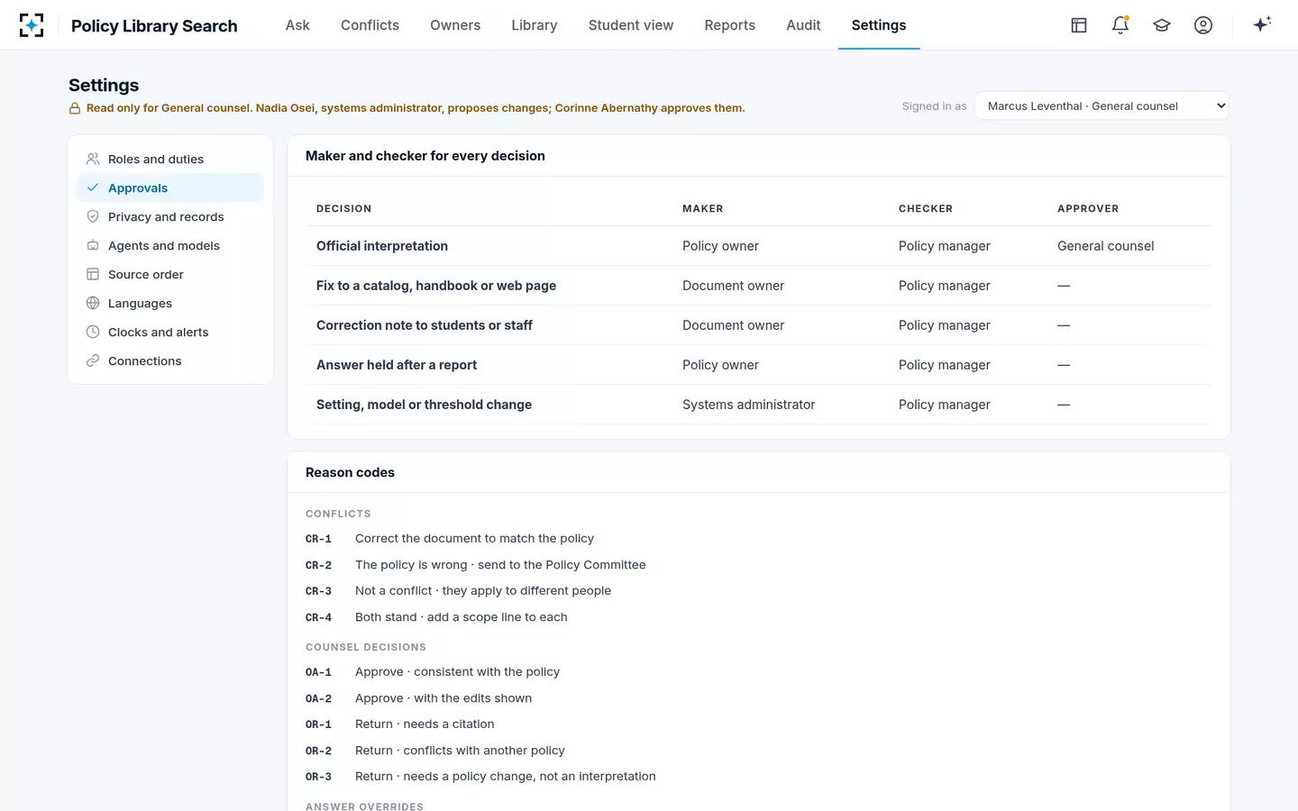 Policy Library Search — Maker, checker and approver for every decision