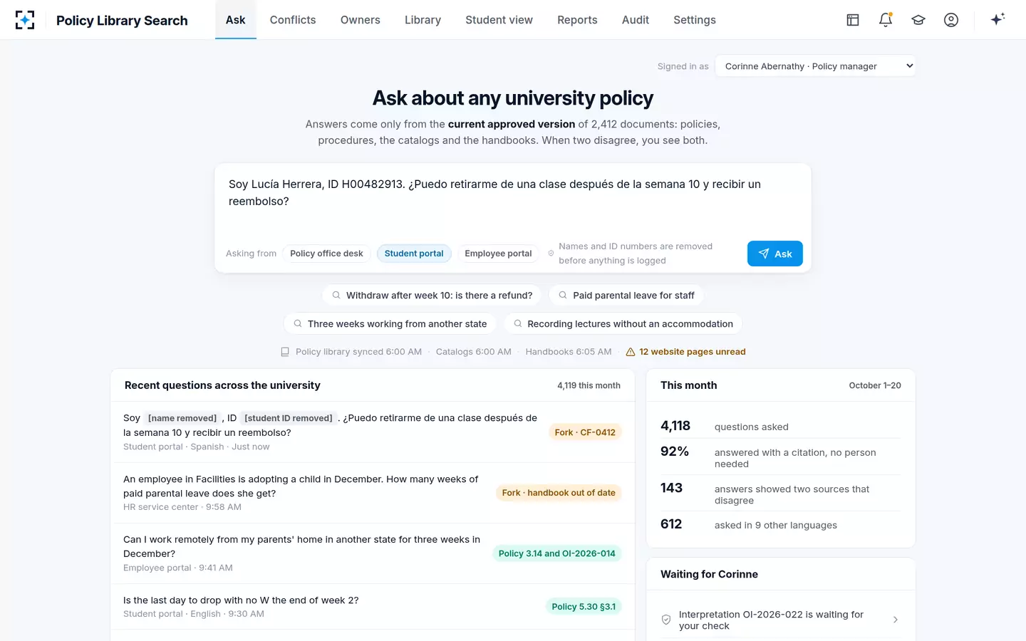 Policy Library Search — Ask the university policy library in plain words, in any language